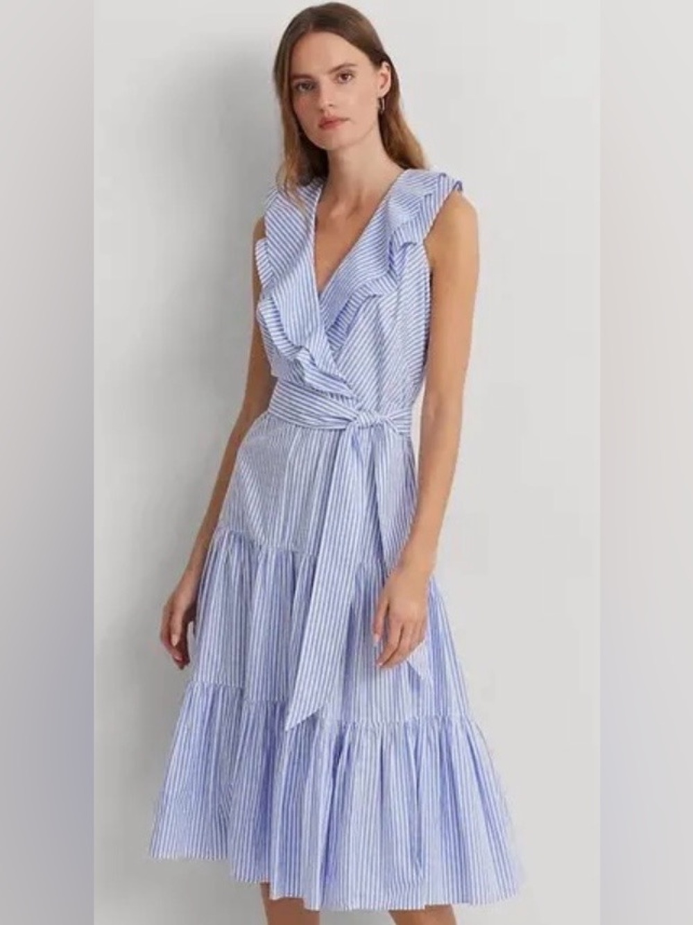Ralph Lauren Light Blue & White Striped Ruffle Midi Dress w Tiered Full Skirt 16